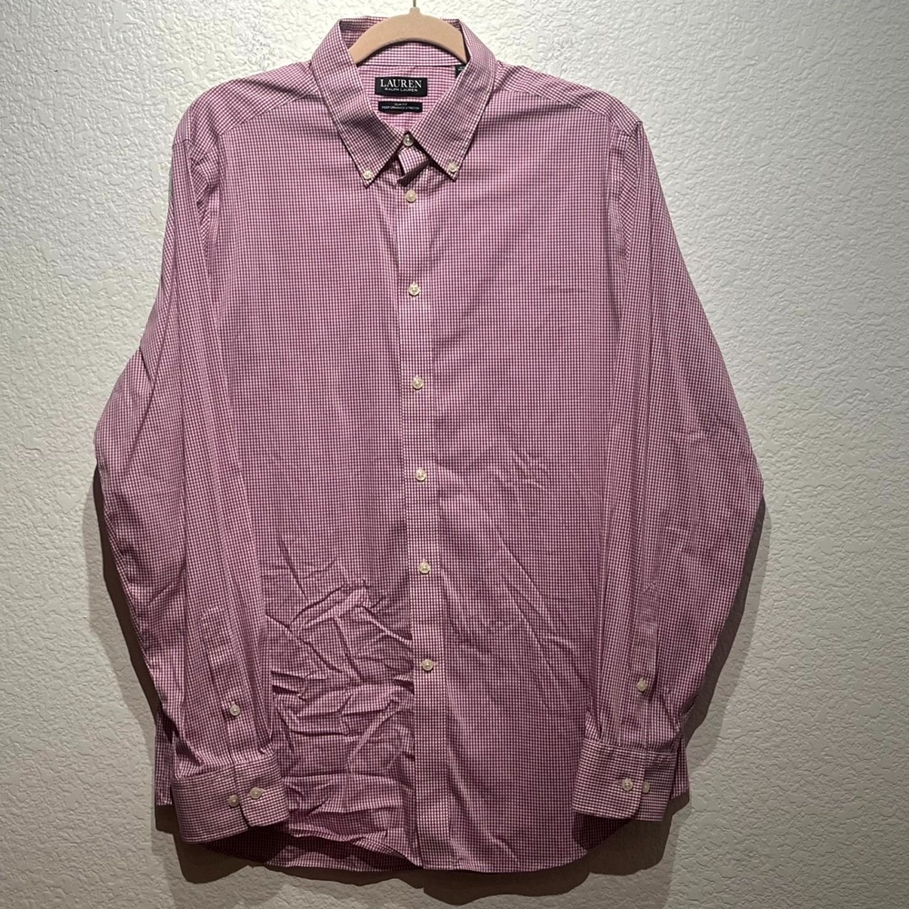 Lauren Ralph Lauren Dress Shirt‎ Mens 16.5 White Pink Check Stretch Slim Fit